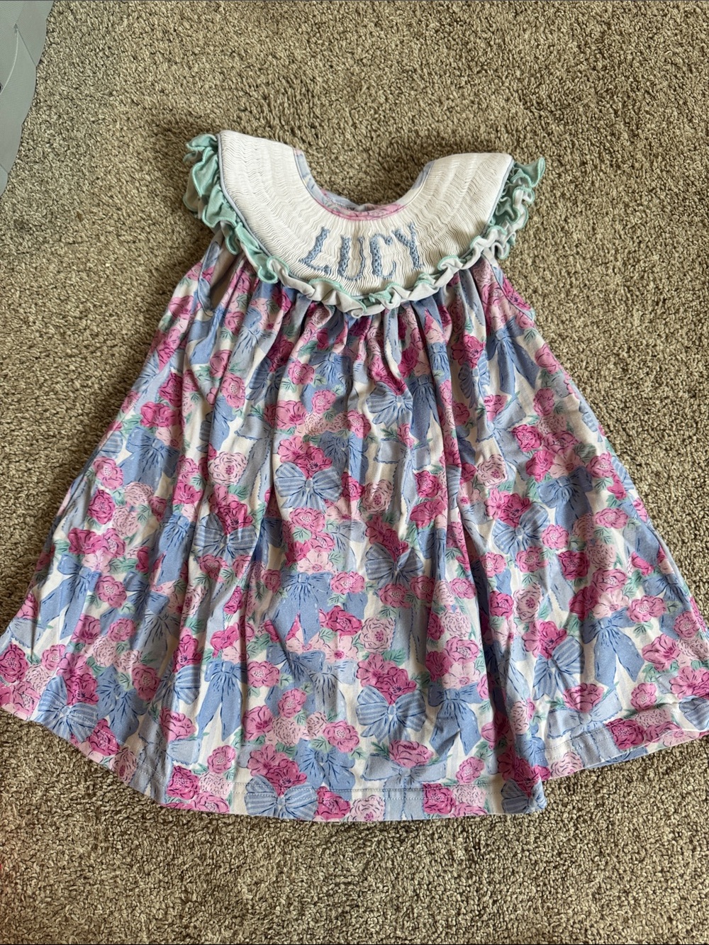 Embroidered Ruffle Collar Floral Girls Dress - Pink & Blue